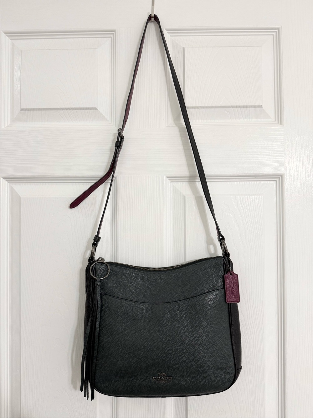 Coach two tone Green/Black Pebbled Leather Crossbody with Burgundy accent